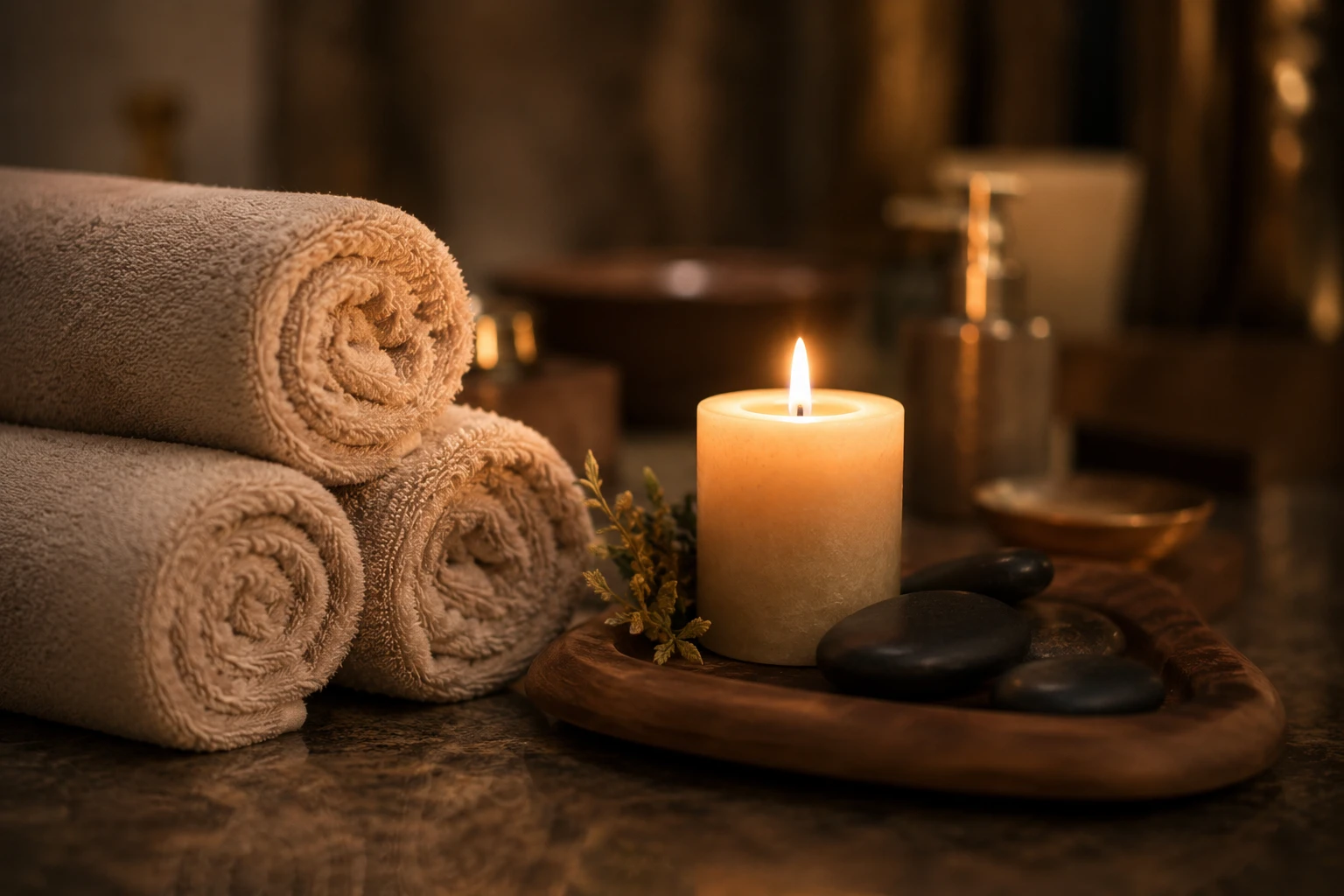 Ambiente preparado com toalhas e vela aromática